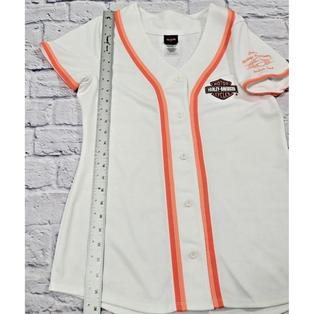 Harley Davidson Baseball T-Shirt Tee Stripe White Orange Dallas sz Medium Button - Picture 7 of 10